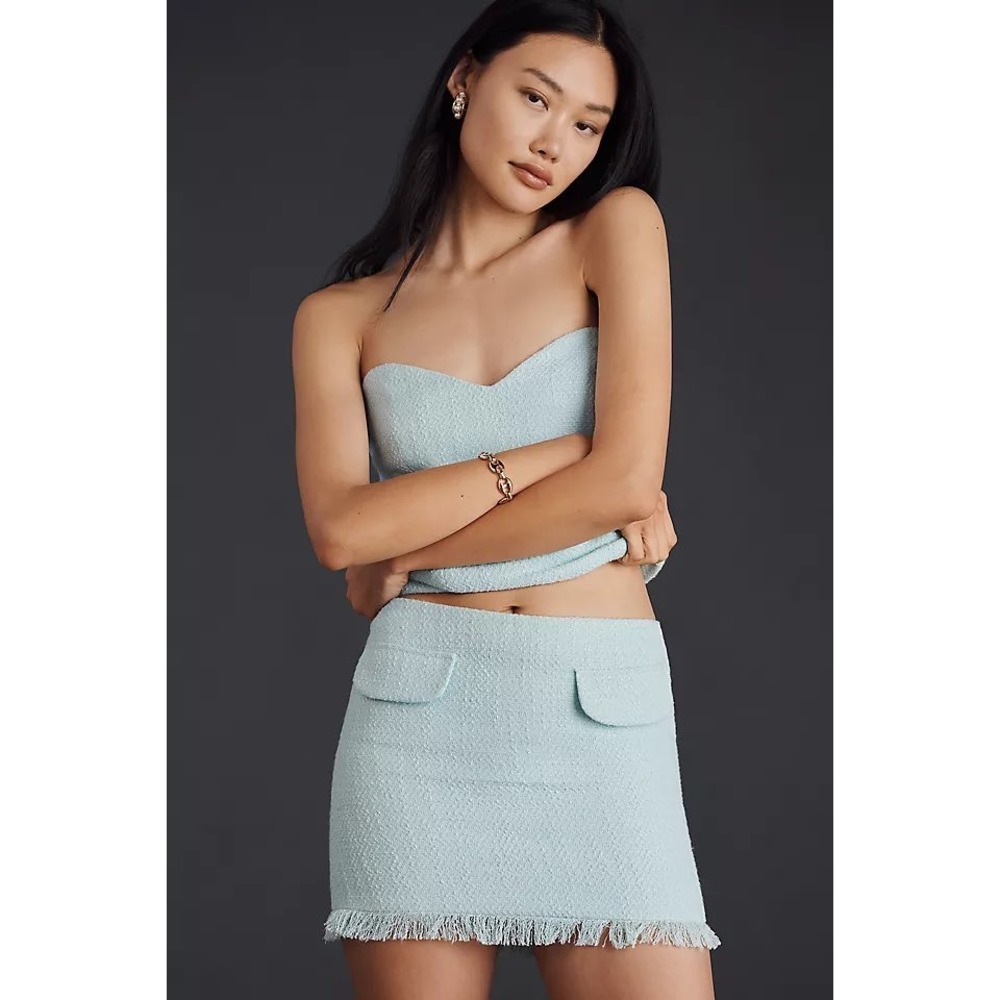 Bardot Women's Cece Boucle Mini Skirt Aqua Fringe Hem Tweed US 4 Coquette